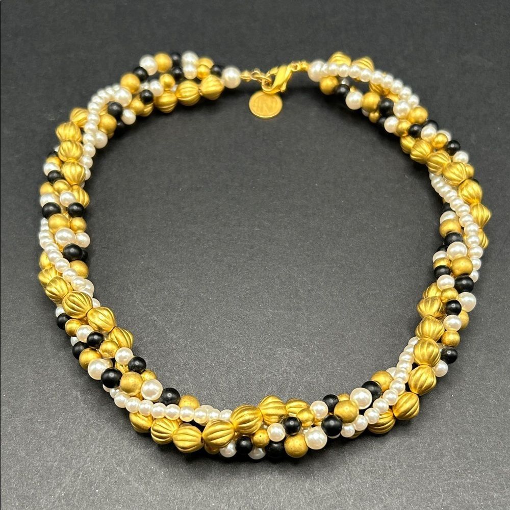 VTG Anne Klein II multi-strand collar necklace, brushed gold, faux pearls